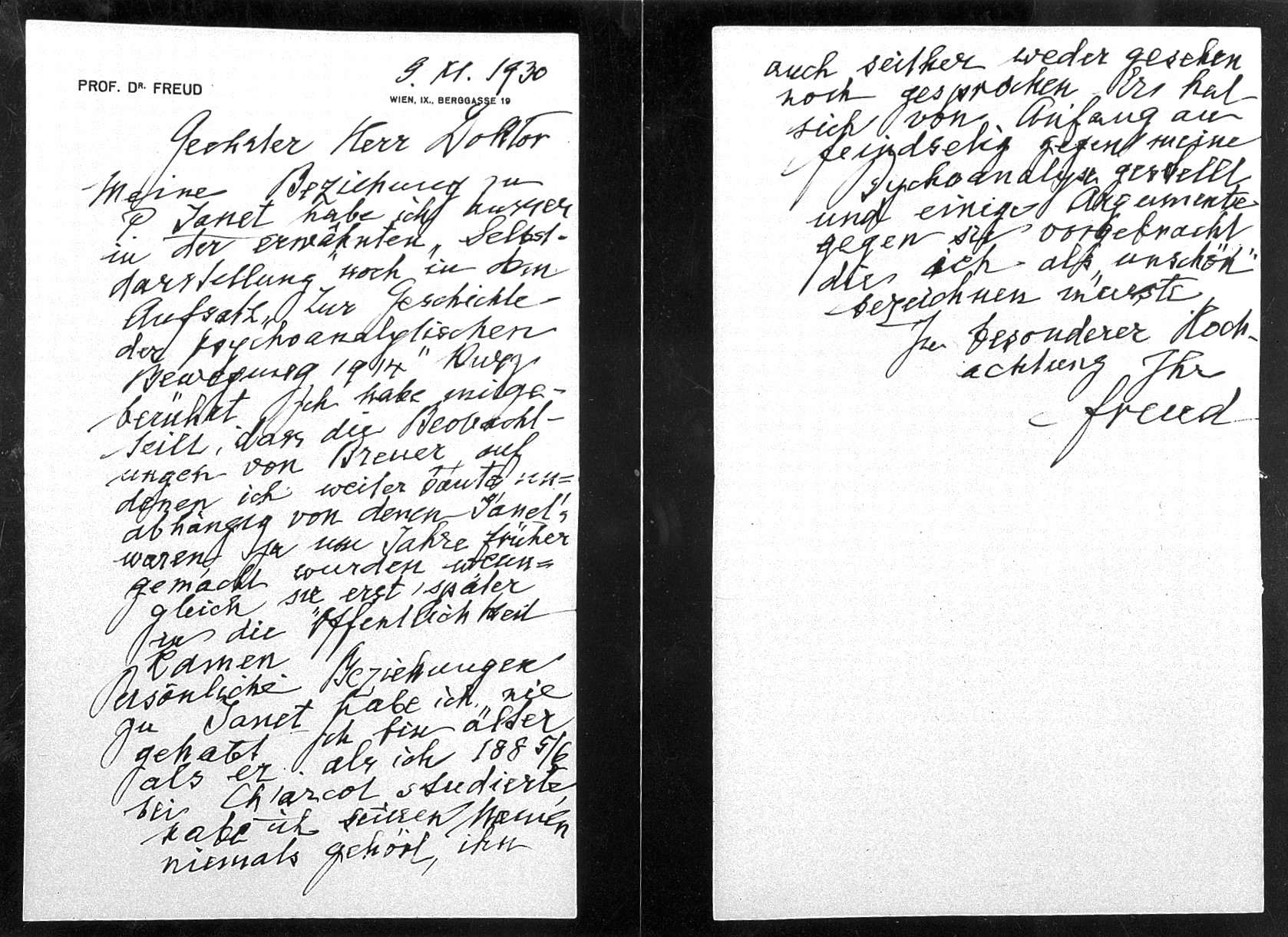 Reprodução em preto e branco de duas páginas de uma carta manuscrita de Sigmund Freud, com assinatura à direita.