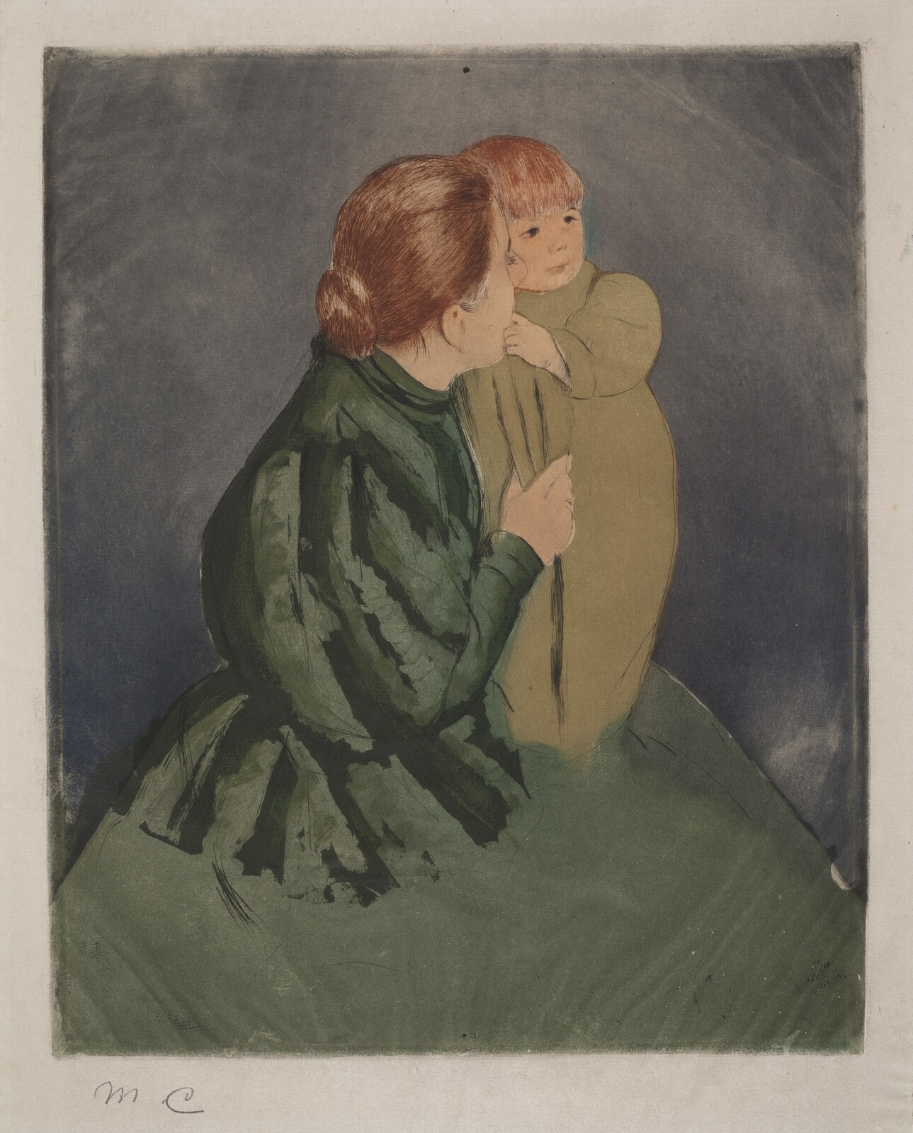 Gravura colorida de Mary Cassatt: uma mulher de vestido verde segura uma criança próxima ao corpo.
